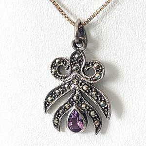 Marcasite Sterling Silver 925 Necklace Amethyst Pendant 18" Box Chain Vtg Rare